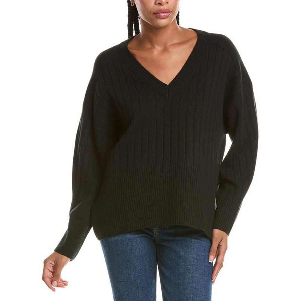 N.Peal Womens  Wide Rib V-Neck 100% Cashmere Sweater, Black